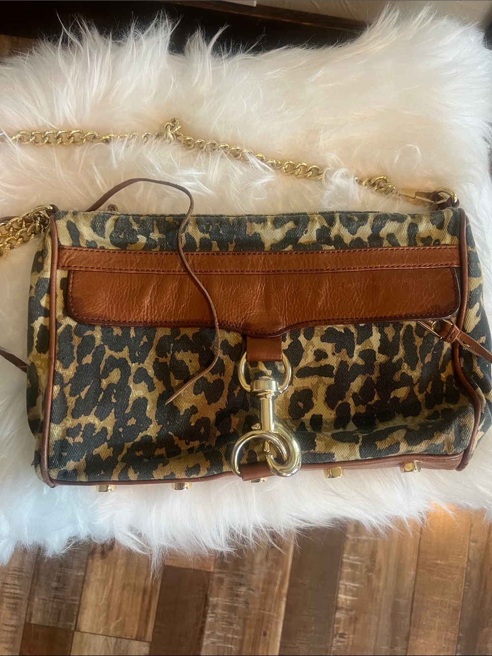 Rebecca Minkoff Leopard Print Shoulder Bag with Brown Trim and Gold Hardware